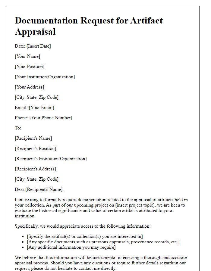 Letter template of documentation request for artifact appraisal