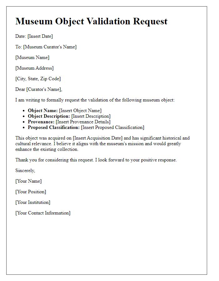 Letter template of museum object validation request