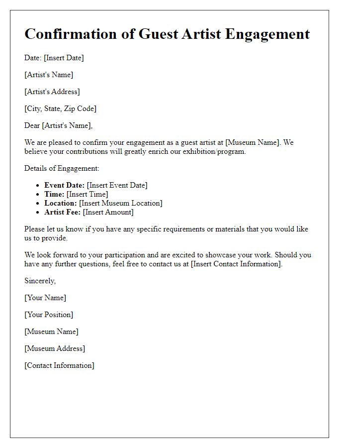 Letter template of confirmation for museum guest artist engagement