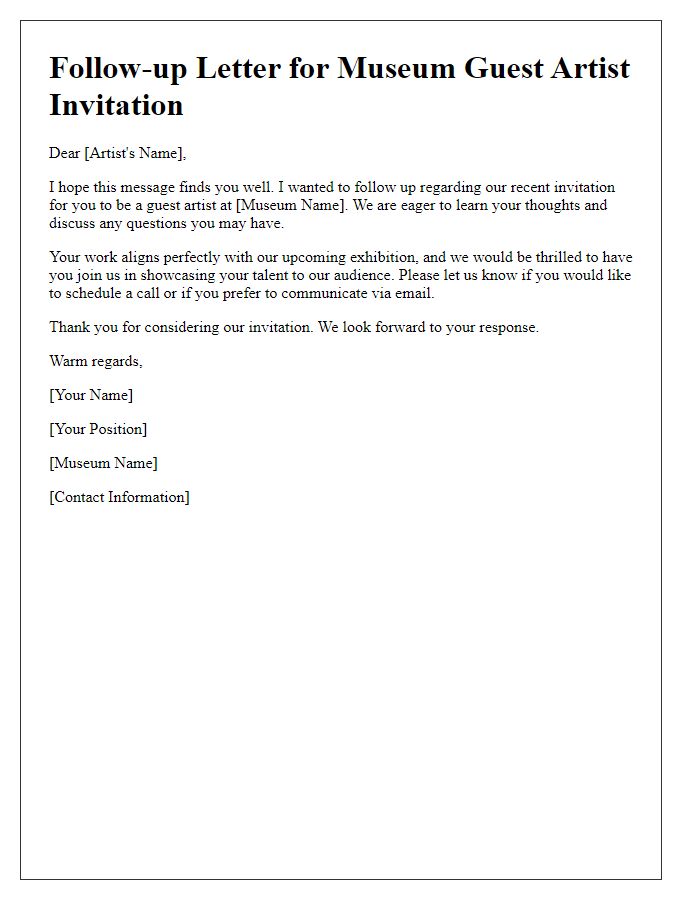 Letter template of follow-up for museum guest artist invitation