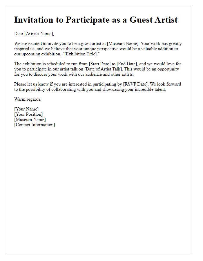 Letter template of invitation for museum guest artist participation