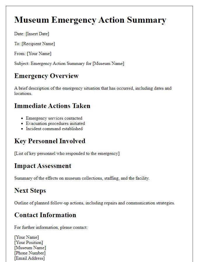 Letter template of museum emergency action summary