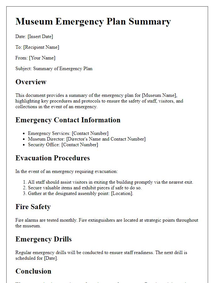 Letter template of museum emergency plan summary