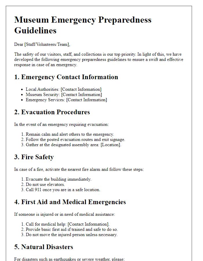 Letter template of museum emergency preparedness guidelines