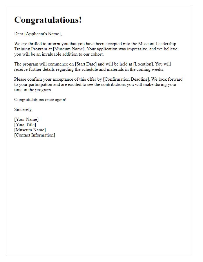 Letter template of acceptance into museum leadership training program