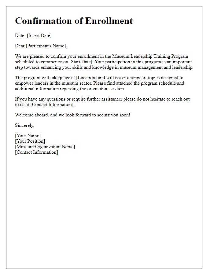 Letter template of confirmation for museum leadership training program enrollment