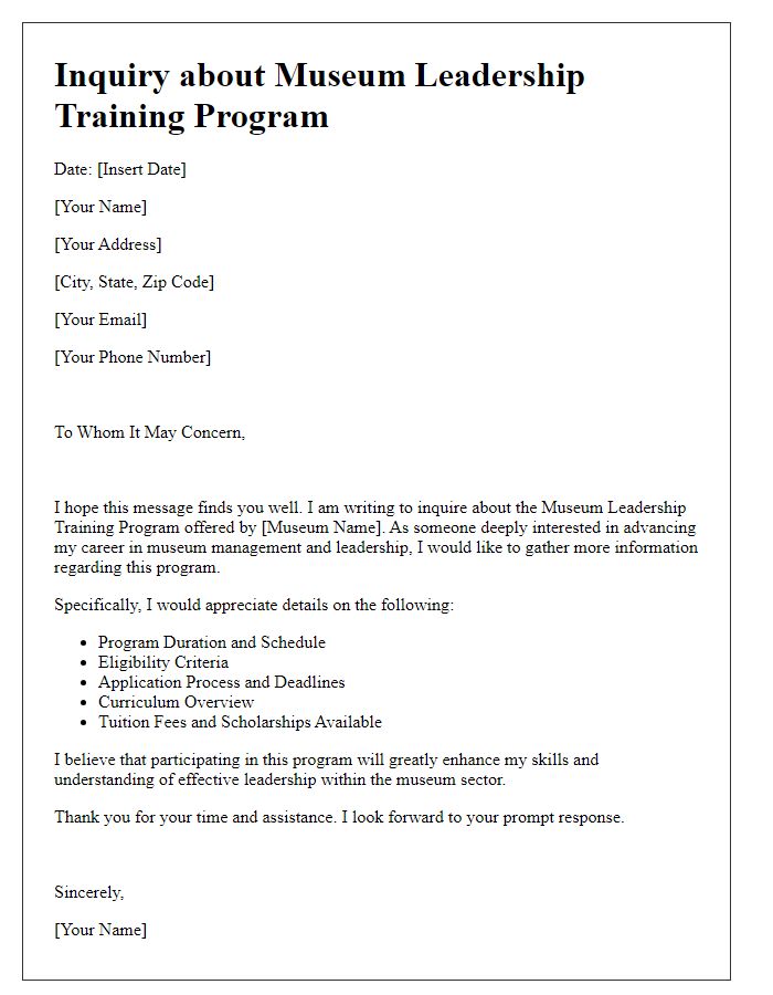 Letter template of inquiry about museum leadership training program