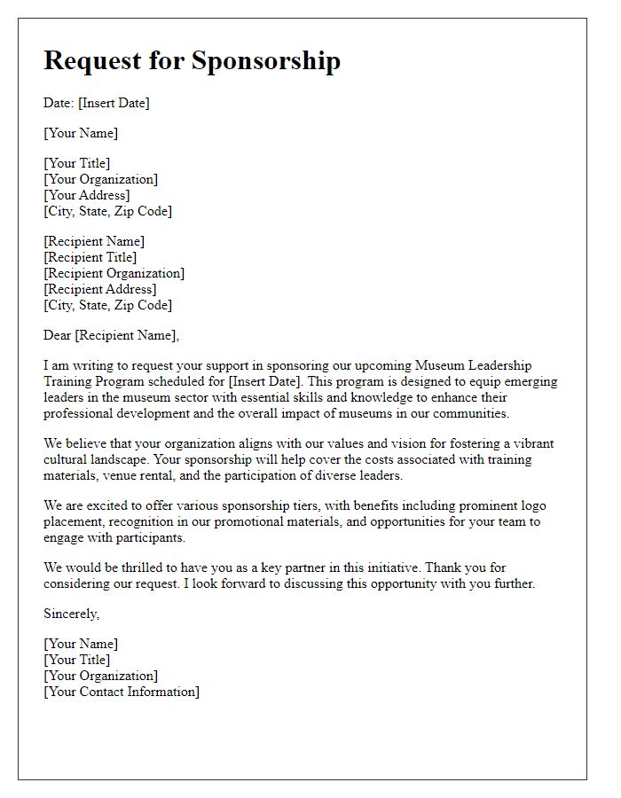 Letter template of sponsorship request for museum leadership training program