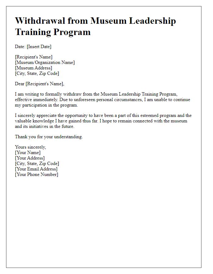 Letter template of withdrawal from museum leadership training program