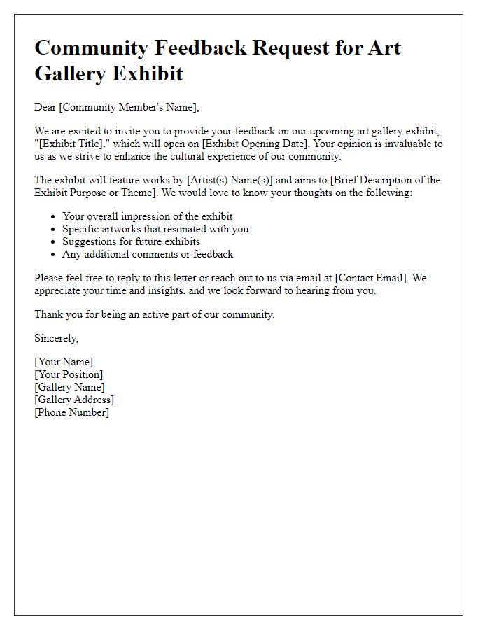 Letter template of community feedback request for gallery exhibit