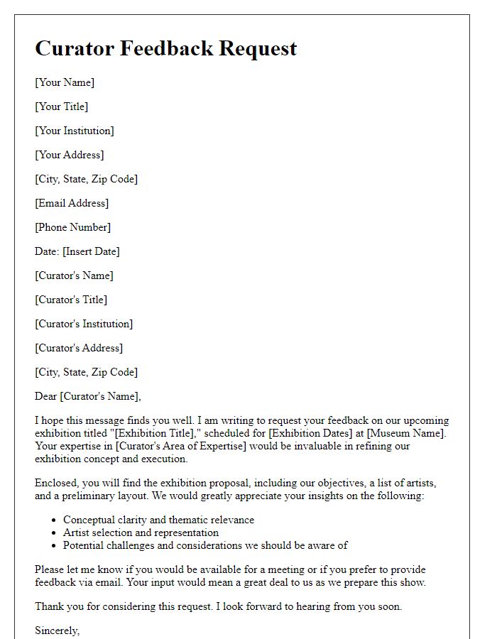 Letter template of curator feedback request for museum show