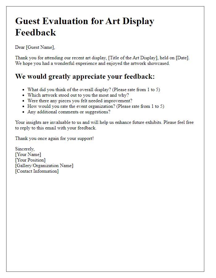 Letter template of guest evaluation for art display feedback