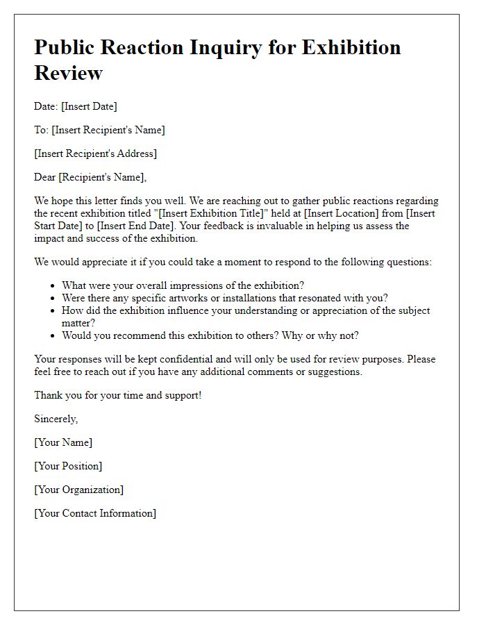 Letter template of public reaction inquiry for exhibition review