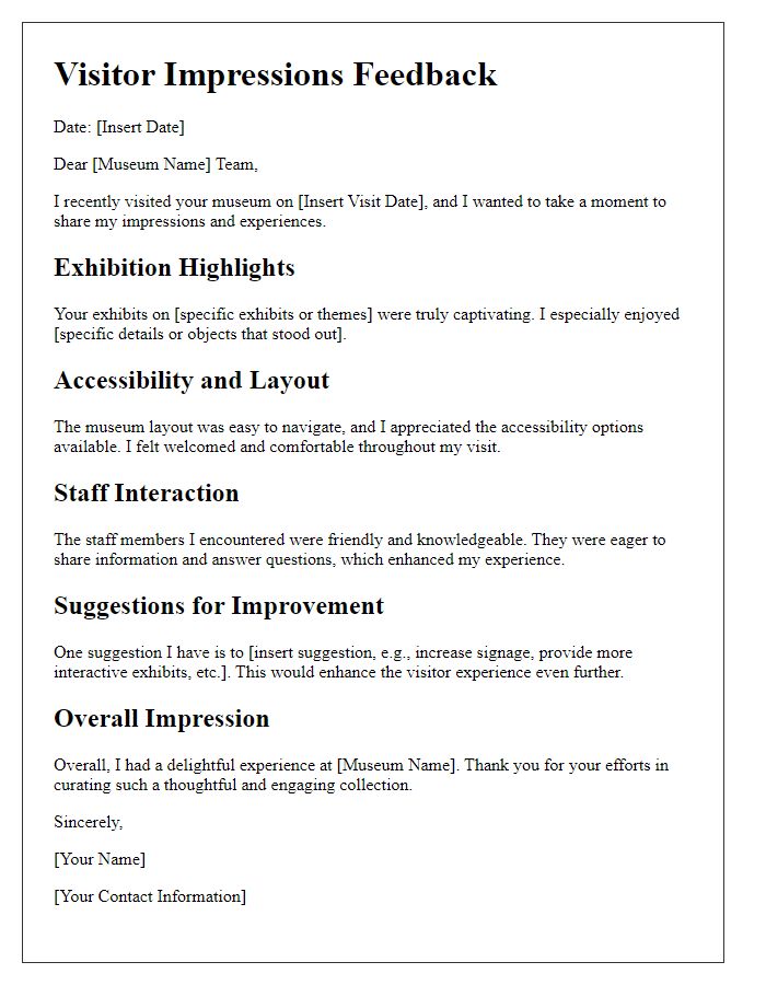 Letter template of visitor impressions for museum showcase feedback