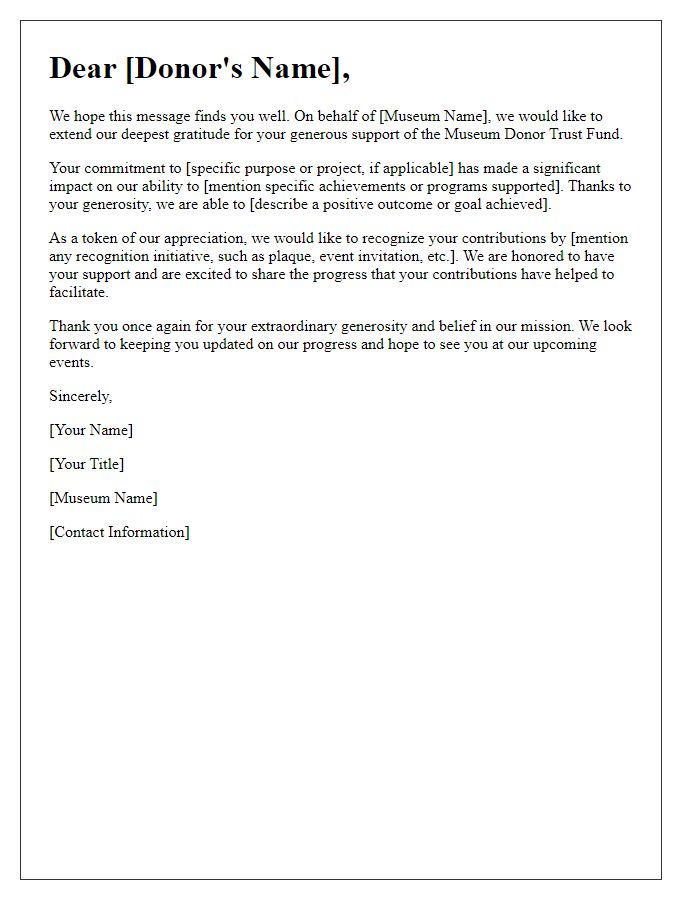 Letter template of recognition for museum donor trust fund supporters