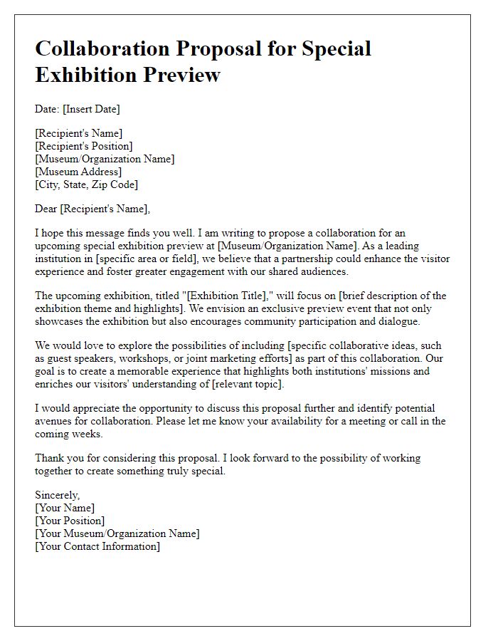 Letter template of collaboration proposal for museum special exhibition preview