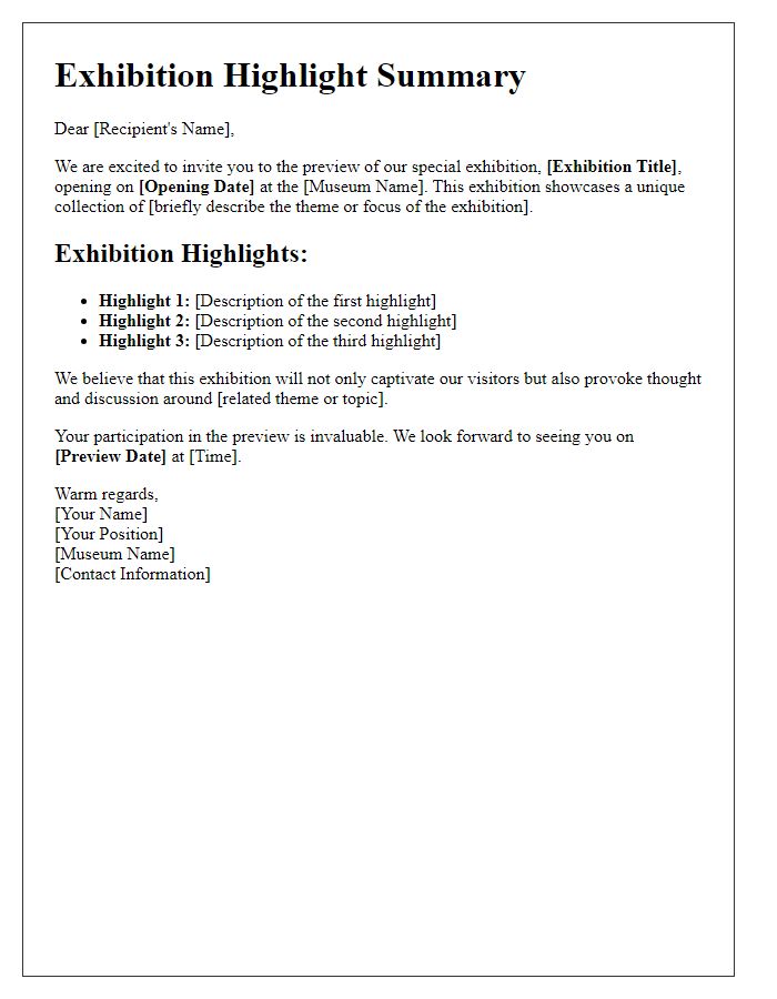 Letter template of exhibition highlight summary for museum special exhibition preview