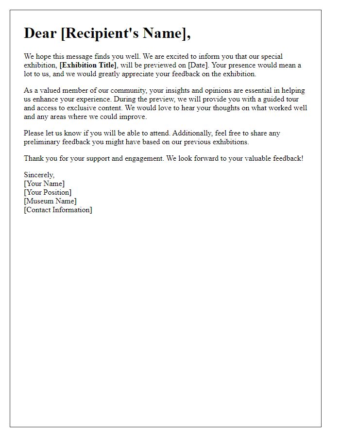 Letter template of feedback request for museum special exhibition preview