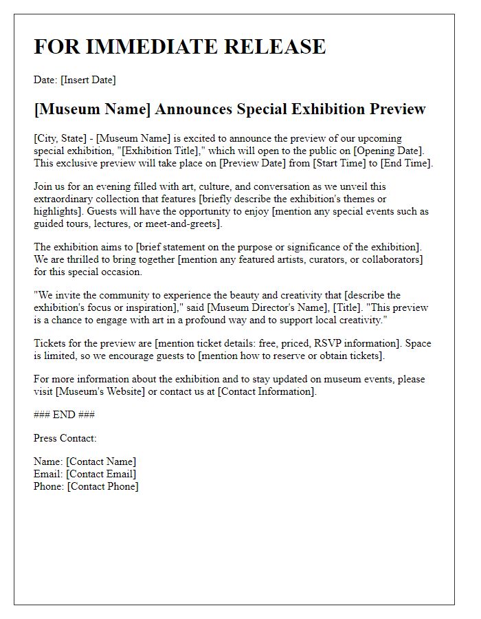 Letter template of press release for museum special exhibition preview