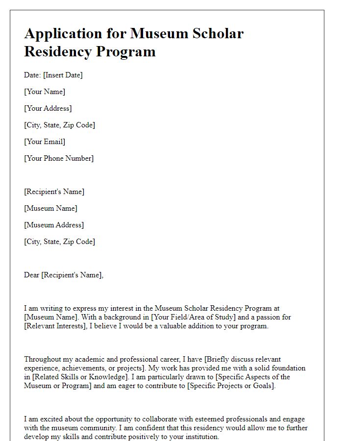 Letter template of application for museum scholar residency program.