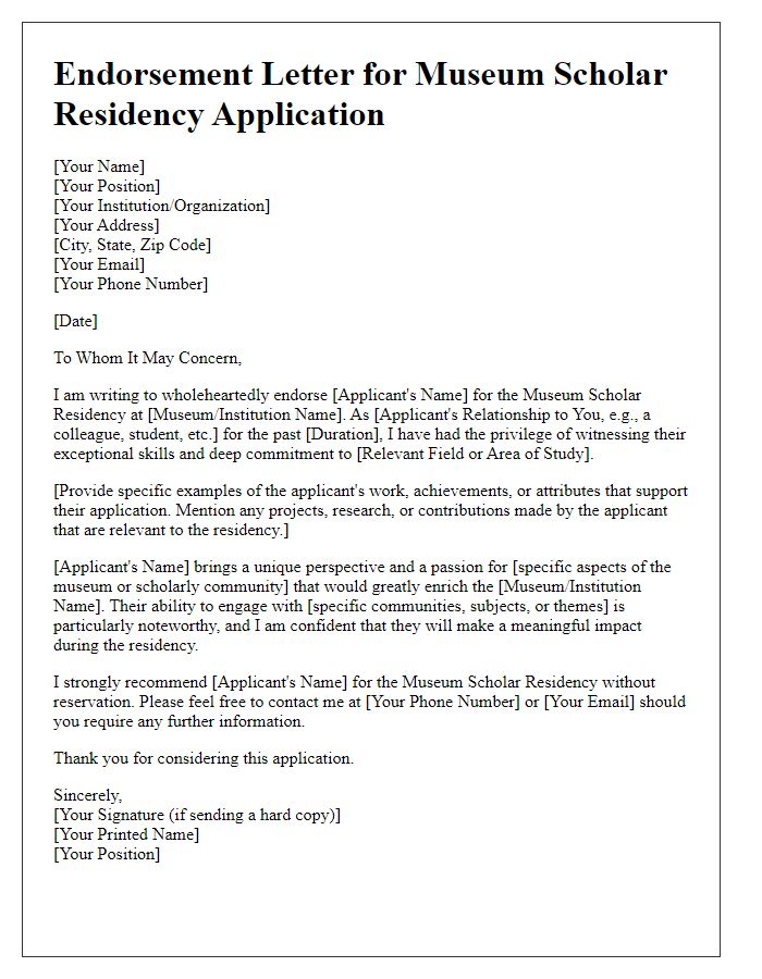 Letter template of endorsement for museum scholar residency application.