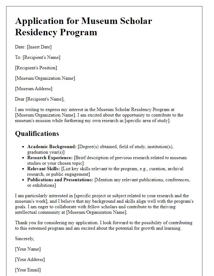 Letter template of qualifications for museum scholar residency program.