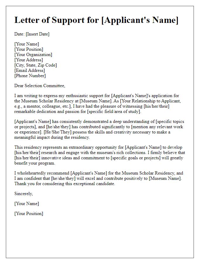 Letter template of support for museum scholar residency application.