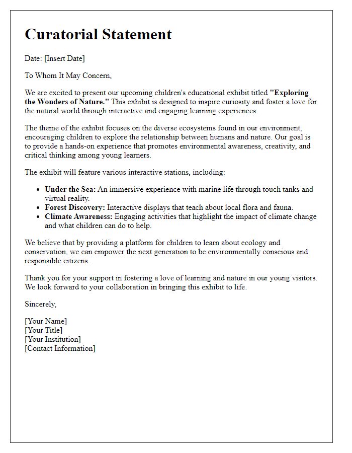 Letter template of a curatorial statement for a children's educational exhibit.