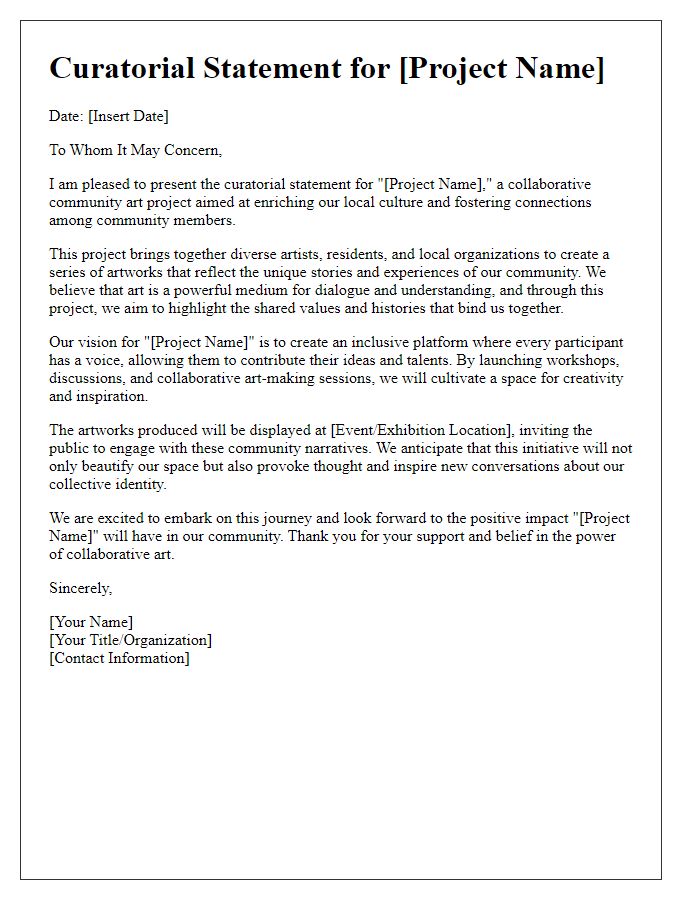 Letter template of a curatorial statement for collaborative community art projects.