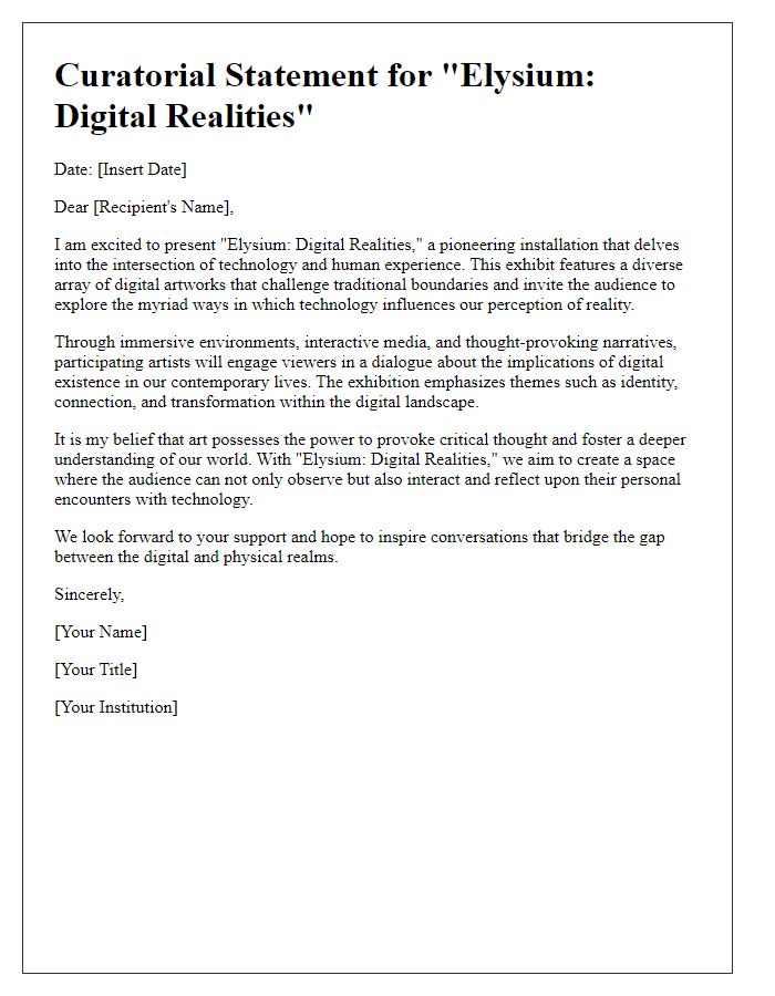 Letter template of a curatorial statement for a digital art installation.