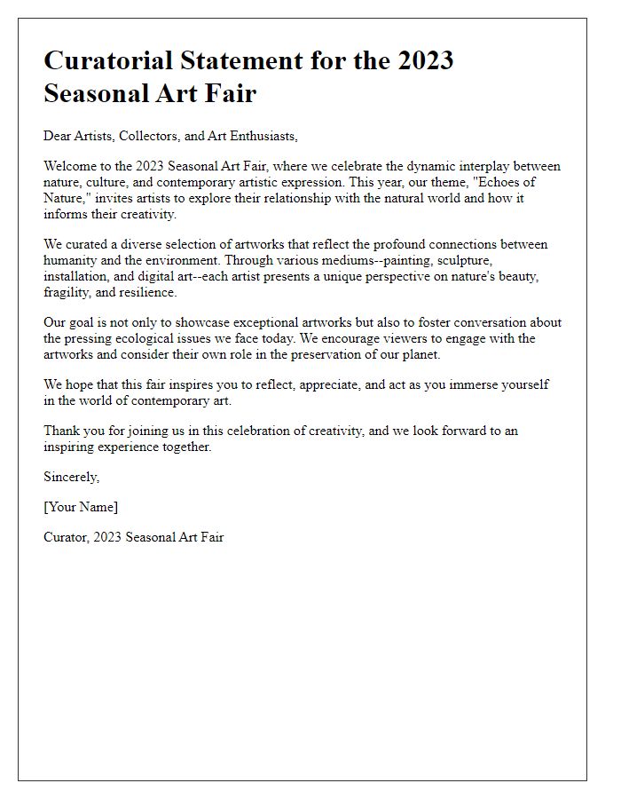 Letter template of a curatorial statement for a seasonal art fair.