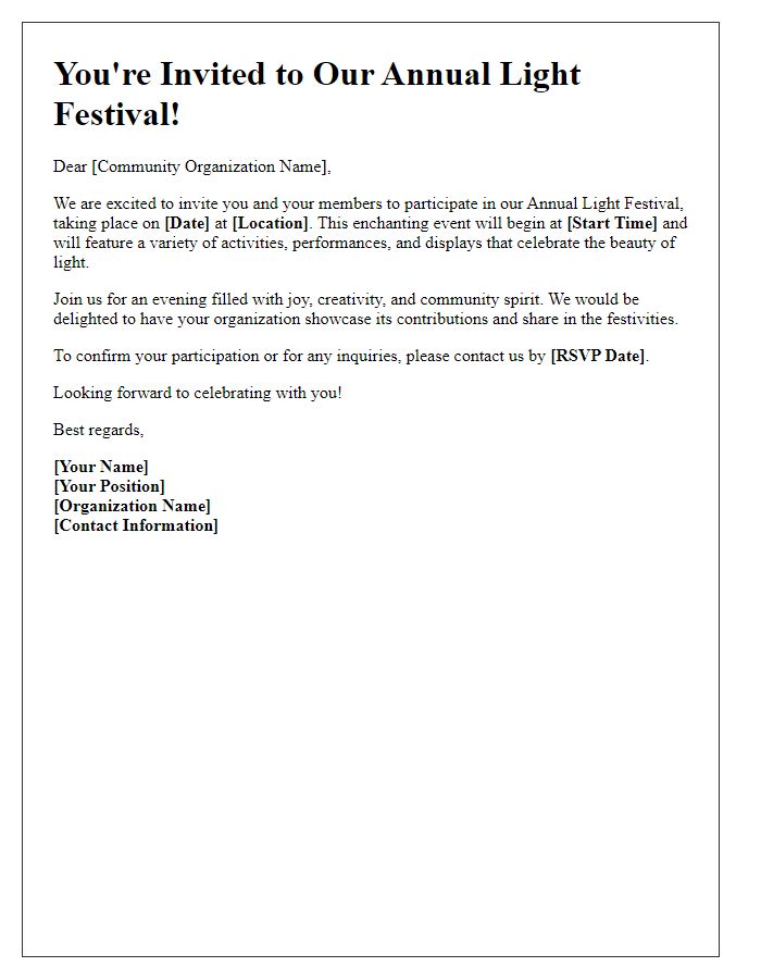 Letter template of light festival invitation for community organizations.