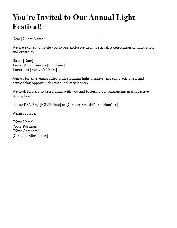 Letter template of light festival invitation for corporate clients.