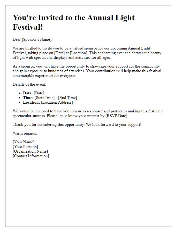 Letter template of light festival invitation for festival sponsors.