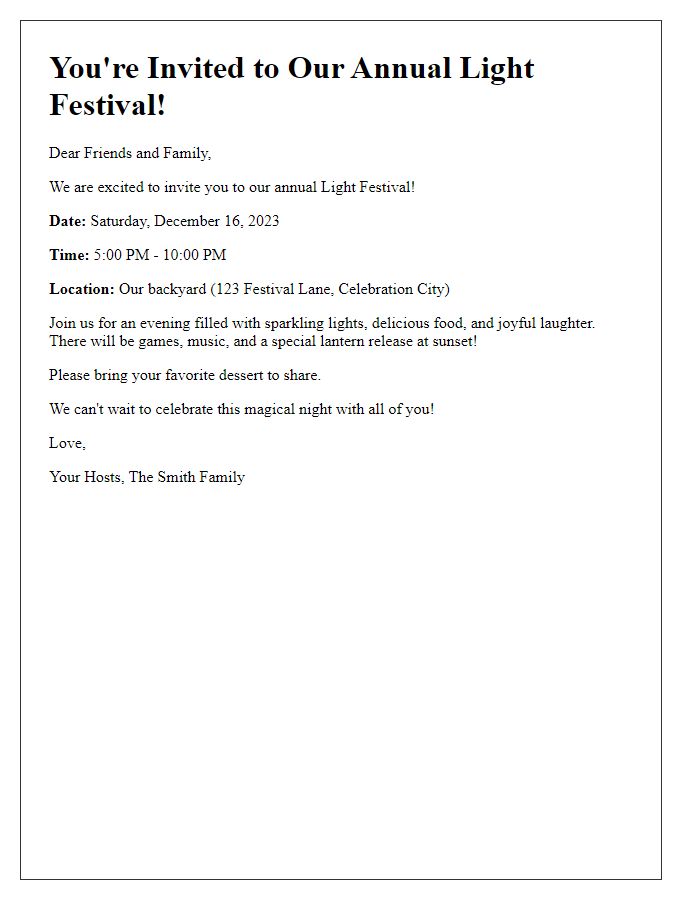 Letter template of light festival invitation for friends and family.