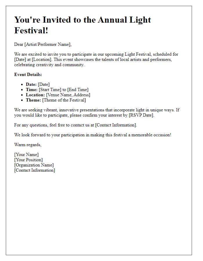 Letter template of light festival invitation for local artists and performers.