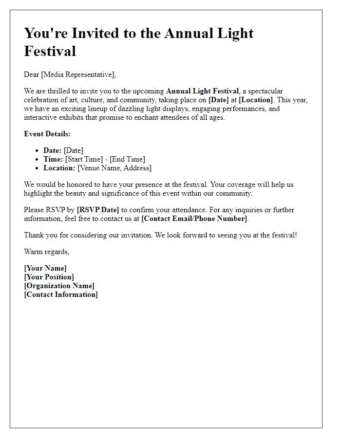 Letter template of light festival invitation for media and press.