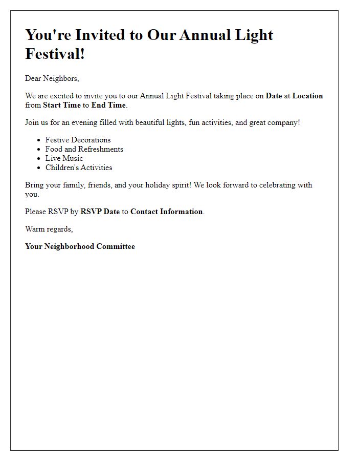 Letter template of light festival invitation for neighborhood residents.