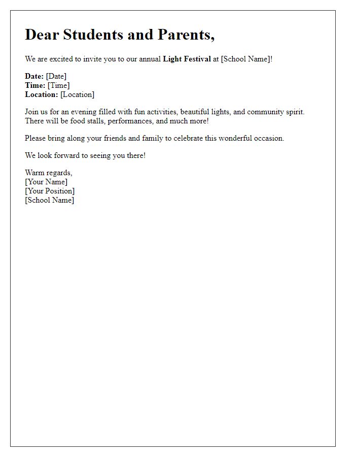 Letter template of light festival invitation for school students and parents.