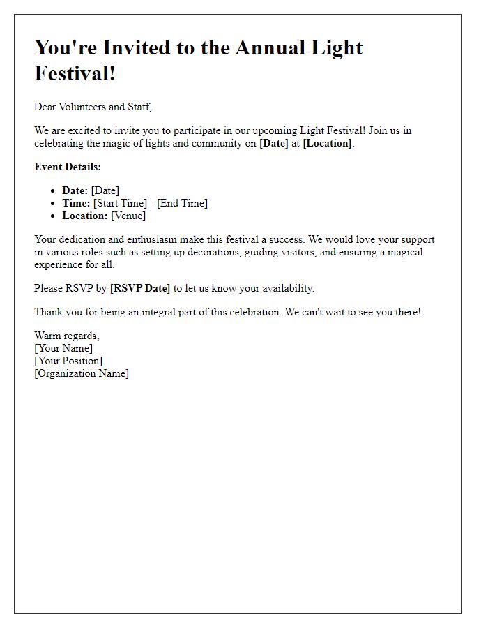 Letter template of light festival invitation for volunteers and staff.