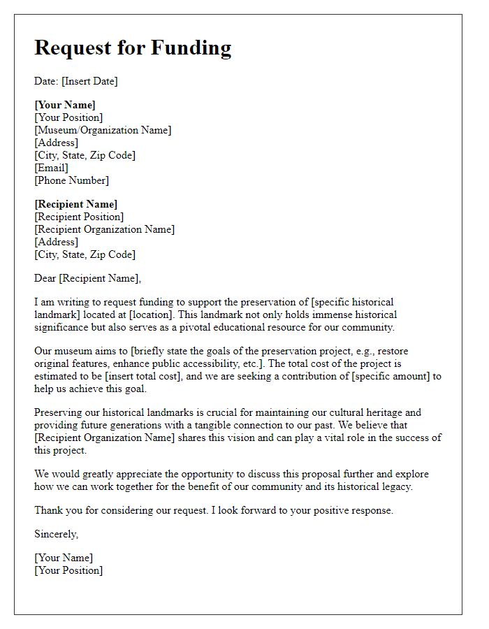 Letter template of request for funding for museum historical landmark preservation