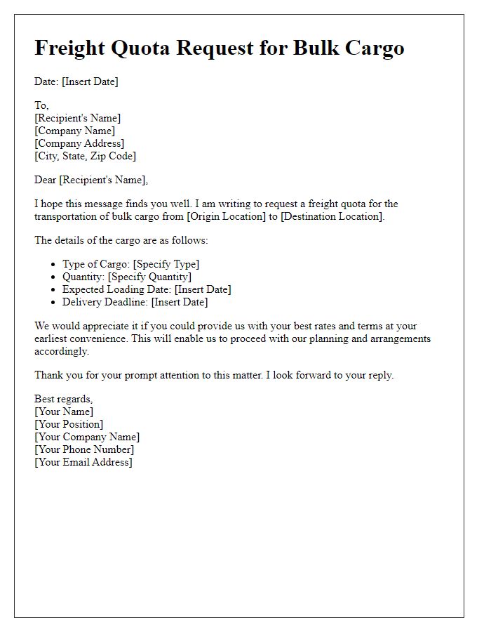 Letter template of freight quota request for bulk cargo.