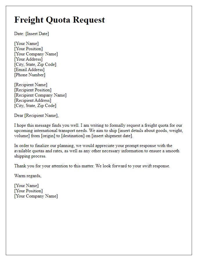 Letter template of freight quota request for international transport.