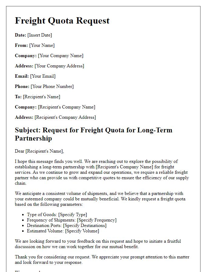 Letter template of freight quota request for long-term partnership.