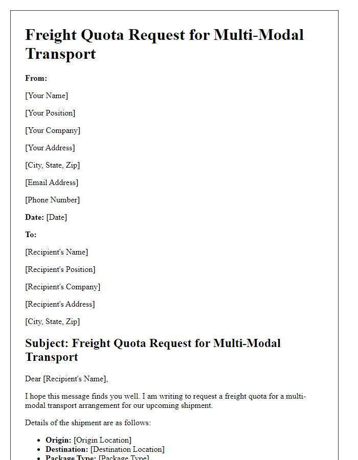 Letter template of freight quota request for multi-modal transport.