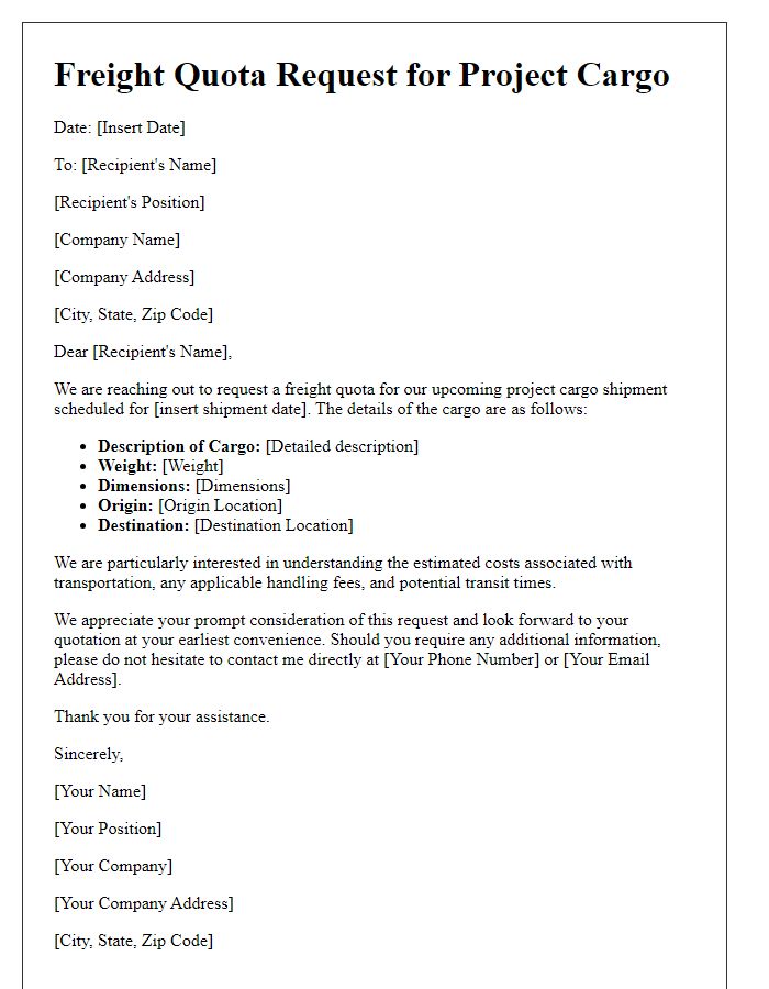 Letter template of freight quota request for project cargo.