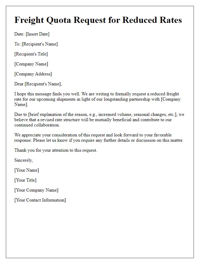 Letter template of freight quota request for reduced rates.