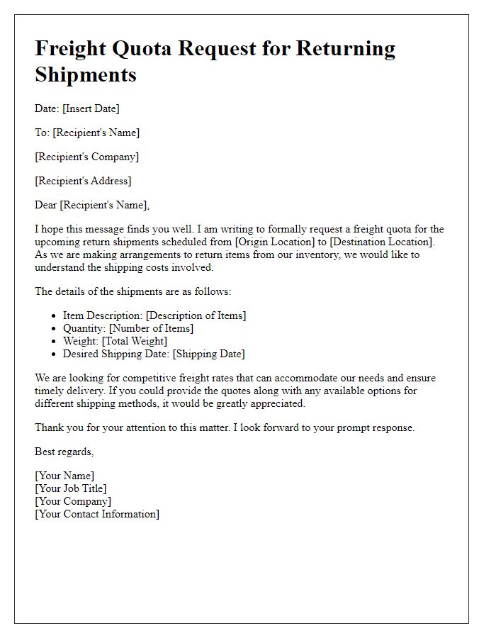 Letter template of freight quota request for returning shipments.