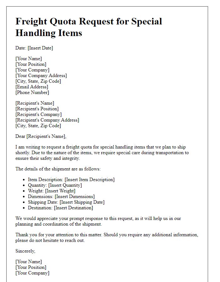 Letter template of freight quota request for special handling items.