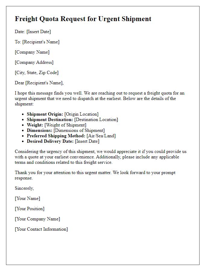 Letter template of freight quota request for urgent shipment.